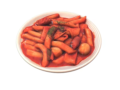 Spicy Korean Tteokbokki With Chewy Rice Cakes Fish Balls Sausages Red Sauce Fresh Herbs 3d model