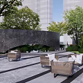 Serene Relaxation Area With Lush Green Plants Stone Wall Fountain And Round Shrubs