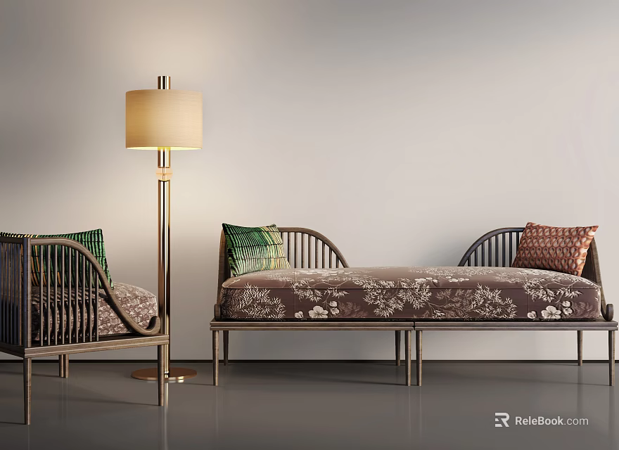 Modern Luxurious Three-Seat Sofa With Armchair Floor Lamp And Patterned Cushions 3d model 