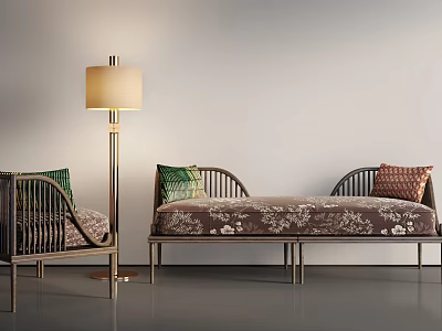 Modern Luxurious Three-Seat Sofa With Armchair Floor Lamp And Patterned Cushions 3d model