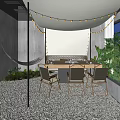 Cozy Private Dining Pod With String Lights Table Chairs And Green Plants 3d model