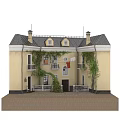 Detached Villa With Yellow Exterior Climbing Vines Balconies Roof Chimneys And Courtyard Clothesline