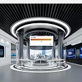 Futuristic Exhibition Hall Interior Featuring Circular Design Metallic Pillars And Digital Screens