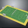 Multi Sport Court With Green Surface Yellow Border Basketball Hoops Soccer Goals And Center Net