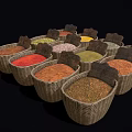 Various Colored Spices in Wicker Baskets with Labels for Daily Living