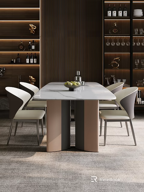 Modern Dining Table Set With Marble Top White Curved Back Chairs And Metal Legs 3d model 
