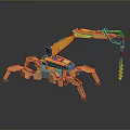 Orange Mechanical Spider Robot With Multiple Legs Metallic Arm And Drill Bit On Reflective Surface 3d model