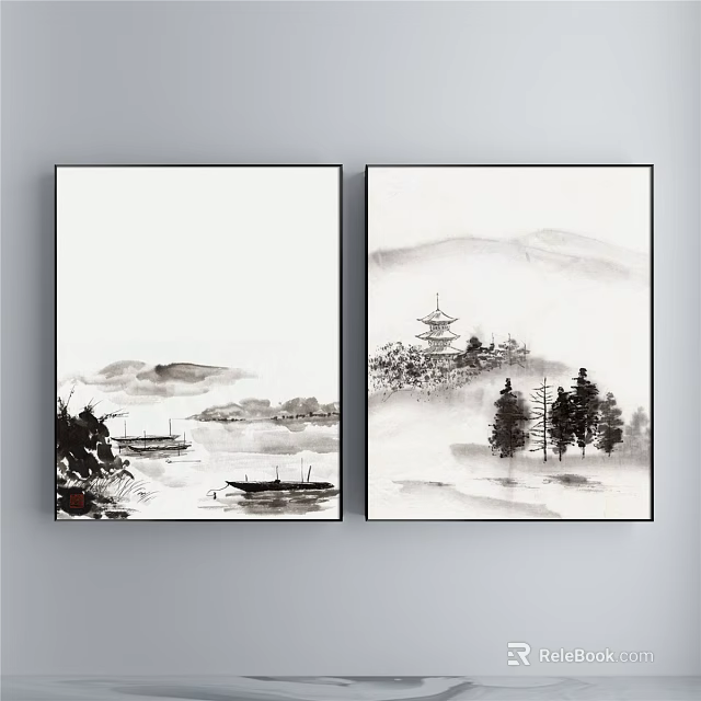 Traditional Chinese Ink Wash Landscape Painting With Mountains Water Boats Pagoda And Trees 3d model 
