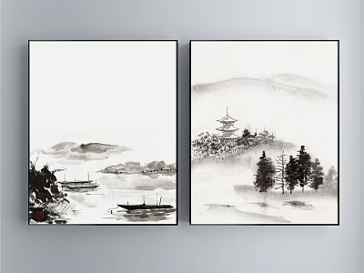 Traditional Chinese Ink Wash Landscape Painting With Mountains Water Boats Pagoda And Trees 3d model