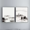 Traditional Chinese Ink Wash Landscape Painting With Mountains Water Boats Pagoda And Trees