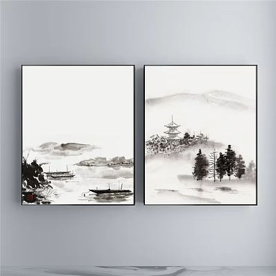Traditional Chinese Ink Wash Landscape Painting With Mountains Water Boats Pagoda And Trees 3d model