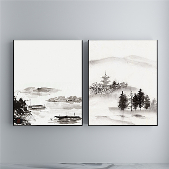 New Chinese Landscape Painting Black and White Restaurant Landscape Decoration Painting 3d model