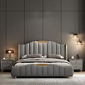 Modern Gray Upholstered Double Bed With Gold Accents Nightstands And Table Lamps