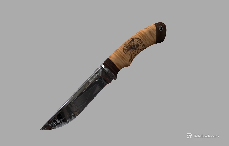 Hunting Knife With Wooden Carved Handle And Sharp Metal Blade For Outdoor Use 3d model 