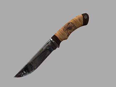 Hunting Knife With Wooden Carved Handle And Sharp Metal Blade For Outdoor Use 3d model
