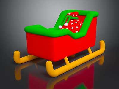 Doll Sleigh with Red Body Green Seat White Balls and Red Star Patterned Cushion 3d model