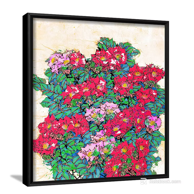 Vibrant Plant Painting With Red Pink Flowers And Green Leaves Decorative Art 3d model 