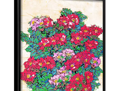 Vibrant Plant Painting With Red Pink Flowers And Green Leaves Decorative Art 3d model