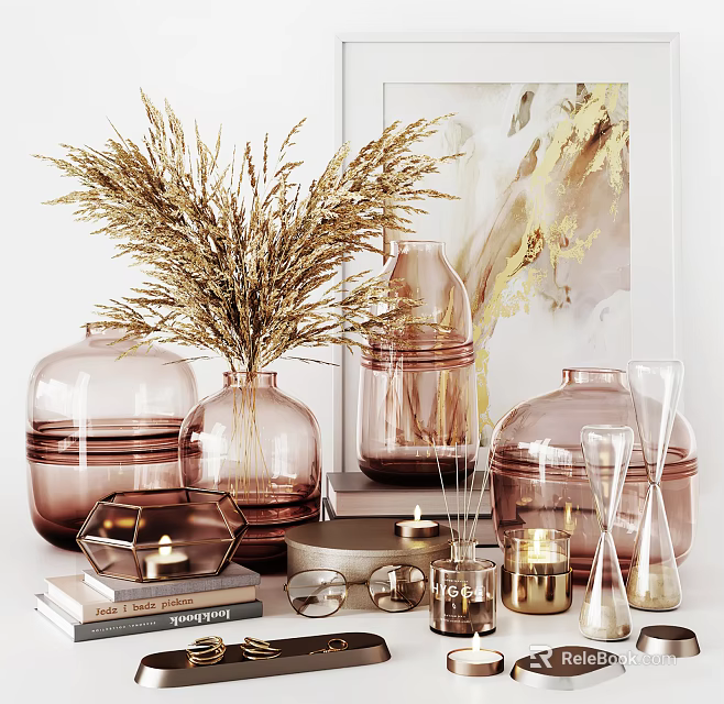 Elegant Decorative Ornament Combination With Glass Vases Dried Flowers And Golden Candles For Home Decor 3d model 