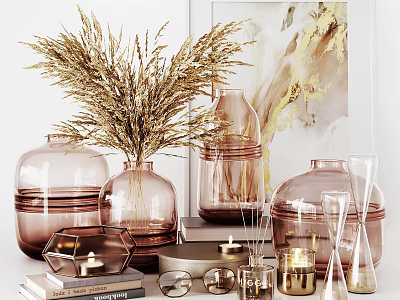 Elegant Decorative Ornament Combination With Glass Vases Dried Flowers And Golden Candles For Home Decor 3d model