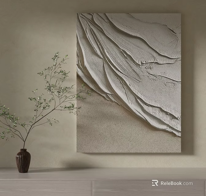 Textured Abstract Wall Art With Ceramic Vase And Green Plant Branch On Neutral Wall 3d model 