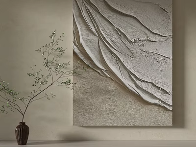 Textured Abstract Wall Art With Ceramic Vase And Green Plant Branch On Neutral Wall 3d model