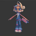 Anthropomorphic Cartoon Character Creature With Curly Hair Blue Overalls Pink Shoes And Holding Tag