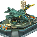 Green Fighter Jet On Military Platform With Equipment And Structural Design Elements 3d model