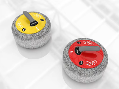 Yellow and Red Curling Stones with Olympic Rings Logo and Granite Surface Sport Equipment 3d model