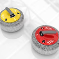 Yellow and Red Curling Stones with Olympic Rings Logo and Granite Surface Sport Equipment