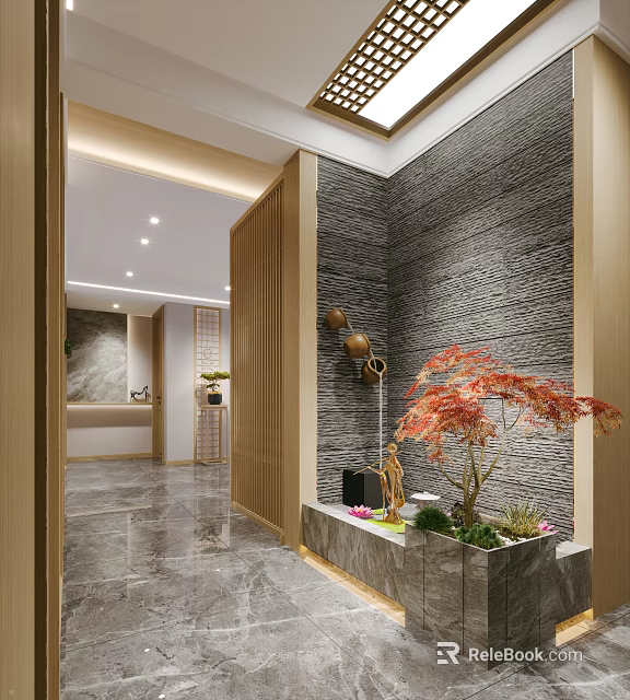 Elegant Entryway Corridor With Stone Wall Red Maple Plant Wooden Elements And Decorative Items 3d model 