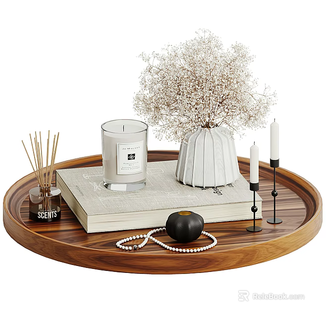 Minimalist Decorative Ornament Set With Wooden Tray White Vase Dried Flowers Candle And Pearl Necklace 3d model 