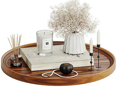 Minimalist Decorative Ornament Set With Wooden Tray White Vase Dried Flowers Candle And Pearl Necklace 3d model