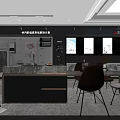Modern Kitchen Showroom Interior With Marble Island Cabinets Appliances And Dining Chairs