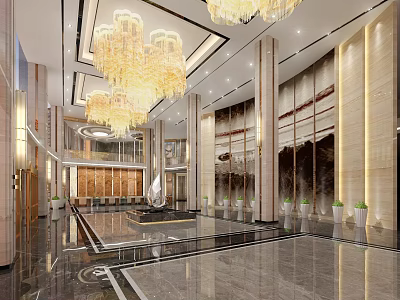 Luxurious Hotel Lobby Interior With Crystal Chandeliers Marble Floors And Columns 3d model