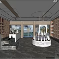 Tobacco and Alcohol Store Interior Design With Display Shelves Marble Floor Central Counter And Chandelier