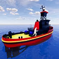 Tugboat With Orange Top And Black Body Sailing On Blue Sea Surface