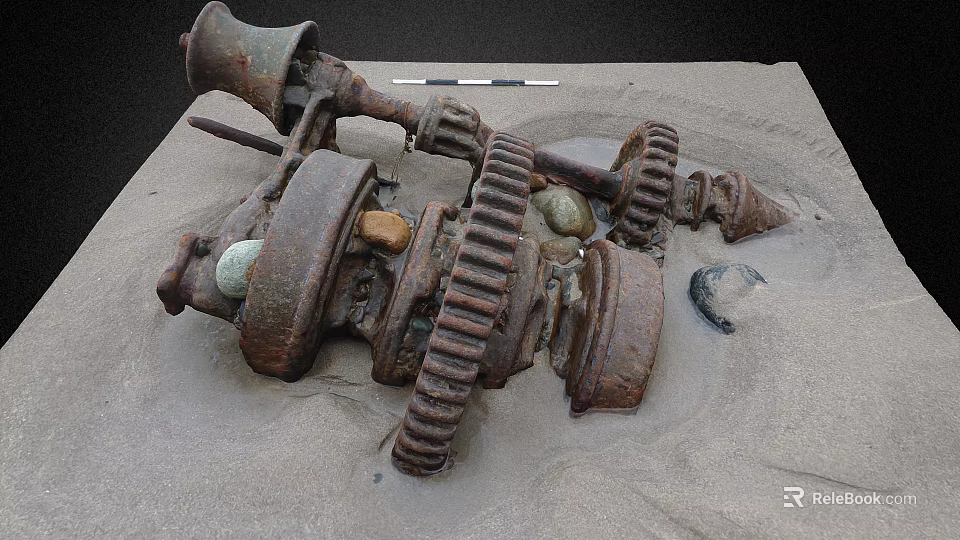Scenic Landscape Featuring Rusted Metal Gears and Machinery Parts on Sandy Ground with Stones 3d model 