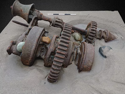 Scenic Landscape Featuring Rusted Metal Gears and Machinery Parts on Sandy Ground with Stones 3d model
