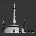 Men Standing Around A White Fountain With Black Dumbbells Nearby