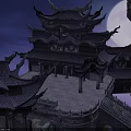 Ancient Temple on Floating Rocks with Full Moon and Lotus in Purple Night Sky