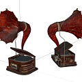 Vintage Gramophone Audio Equipment With Red Horn And Wooden Base Design