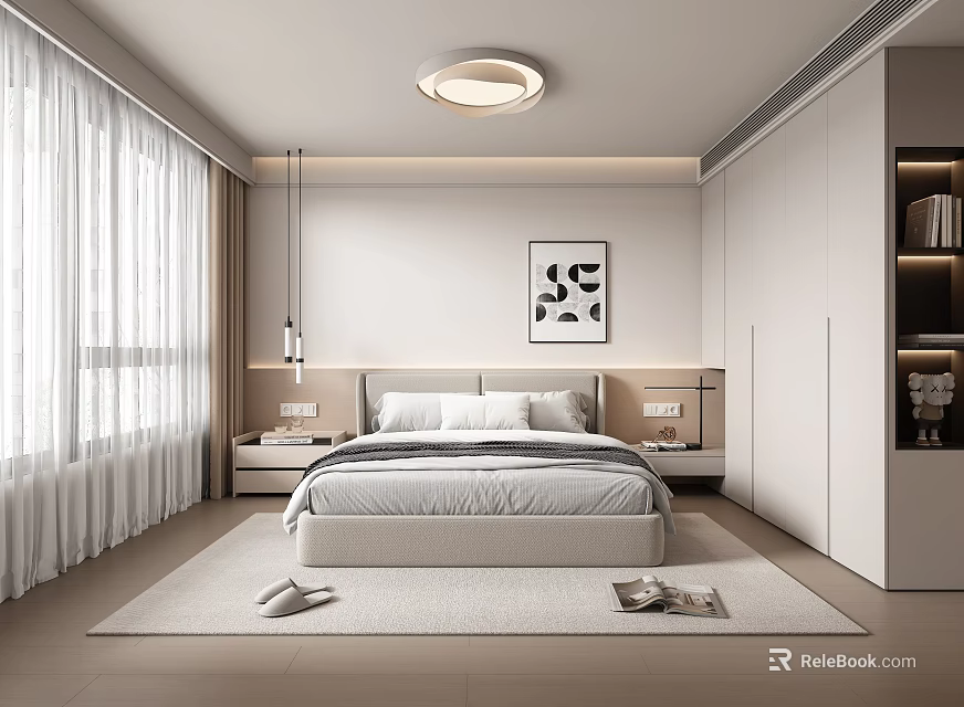 Modern Minimalist Bedroom Interior Design With Bed Wardrobe Curtains Wall Art And Rug 3d model 