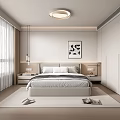 Modern Minimalist Bedroom Interior Design With Bed Wardrobe Curtains Wall Art And Rug