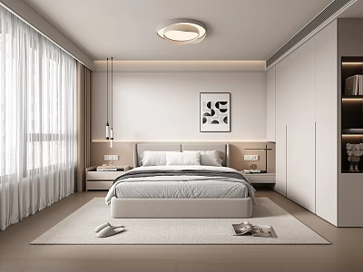 Modern Minimalist Bedroom Interior Design With Bed Wardrobe Curtains Wall Art And Rug 3d model