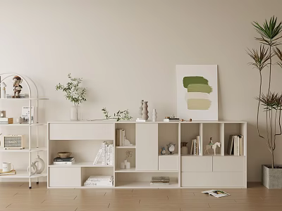 White Bookcase With Multiple Compartments Books Decorative Items Green Plants Picture Frame And Beige Wall 3d model