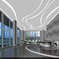 Sleek Modern Futuristic Reception Lobby With Curved LED Lights And Large Floor To Ceiling Windows