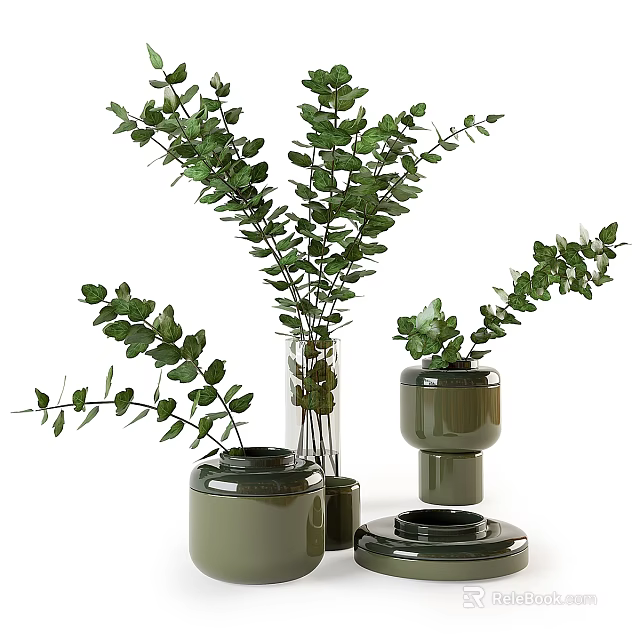 Green Vases With Lush Eucalyptus Leaves For Modern Home Decor Arrangement 3d model 