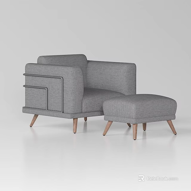 Gray Fabric Single Sofa With Modern Design Metal Frame Ottoman And Wooden Legs 3d model 
