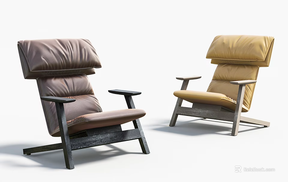 Modern Brown and Yellow Accent Chairs with Sturdy Wooden Frame and Plush Cushions 3d model 